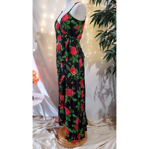 ASOS Ruffle Front Wrap Maxi Cami Dress in Bold Floral Women's Size 6 Black Pink - Picture 3 of 11
